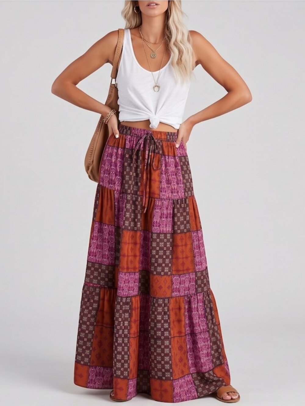 Boho Patchwork Print Maxi Skirt Red - Picture 1 of 11